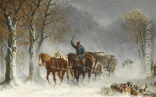 Holzabfuhr Im Winterwald Oil Painting - Carl Heinrich Hoffmann