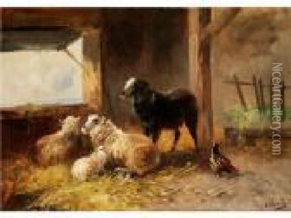 Drei Schafe Mit Jungtier Im Stall Oil Painting - Henry Schouten