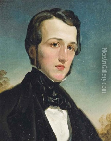 Portrait Of A Man, Bust Length, In A Black Cravat And Coat Oil Painting - Alfred De Dreux