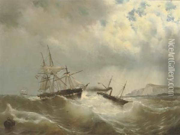 A Tug-boat Rescuing A Dutch Frigate In Distress Oil Painting - Mauritz Frederick Hendrick de Haas
