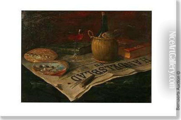 Still Lifewith Newspaper, Bottle Of Wine, Glass And Book. Canvas. Signed Anddated Pascal De Beucker 19 Oil Painting - Pascal De Beucker