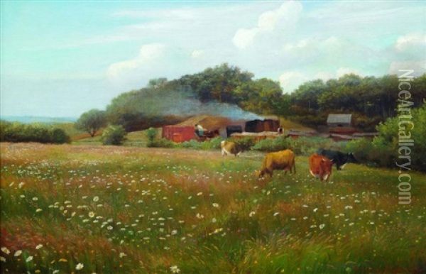 View Of A Farmstead With Cattle Grazing In A Meadow With Flowers And Woodland Beyond Oil Painting - William Sidney Cooper