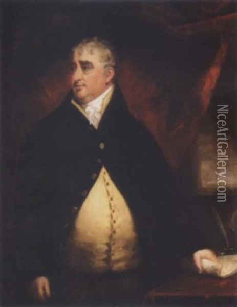 Portrait Of The Hon. Charles James Fox, M.p. Wearing A Blue Coat And A Yellow Waistcoat, Holding Some Papers In His Left Hand Oil Painting - John Opie