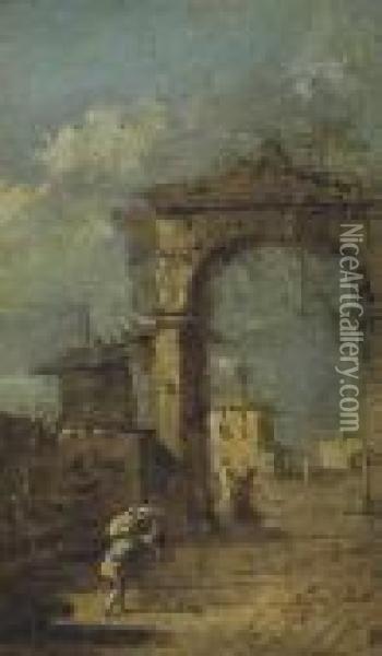 Capriccio Of A Ruined Arch, A City Wall And Figures Oil Painting - Francesco Guardi