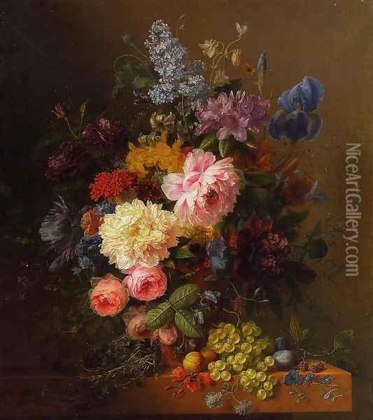 Peonies, Roses, Irises, Lilies, Lilac and Other Flowers in a Vase on a Ledge Laden with Fruit Oil Painting - Arnoldus Bloemers