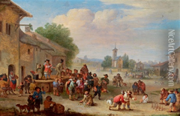 Blick Auf Einen Marktplatz Mit Vielen Figuren, Einer Auffuhrung Von Wanderschauspielern Und Bauern Beim Kegeln Oil Painting - Pieter Bout