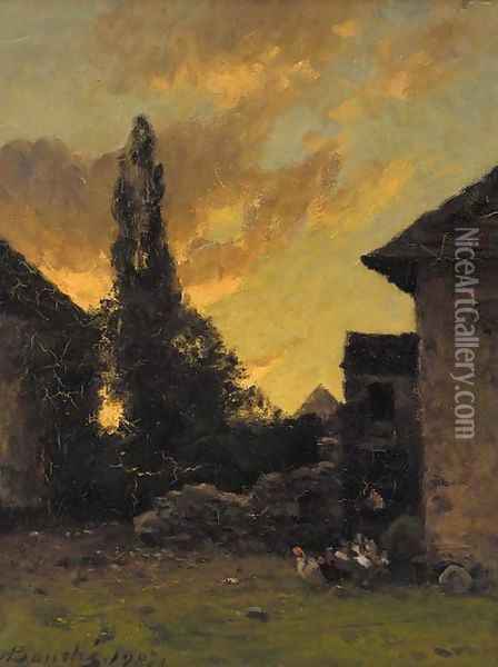 Poultry in a farmyard at sunset Oil Painting - Louis Alexandre Bouche