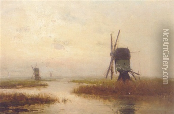 Polder Landscape With Windmills Oil Painting - Louis Apol