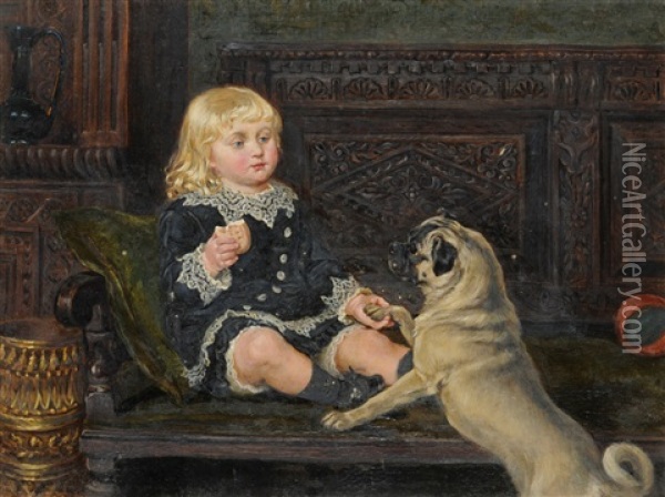 Portrait Of A.a Wilson As A Boy, Dressed In Victorian Costume, Seated On An Oak Bench, A Pug By His Side Oil Painting - Ralph Hedley