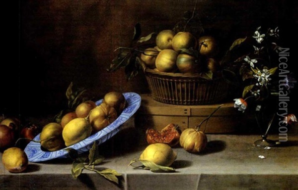 Nature Morte Aux Plat De Citron, Panier De Bigarades Et Vase De Fleurs Sur Un Entablement Oil Painting - Jean-Michel Picart