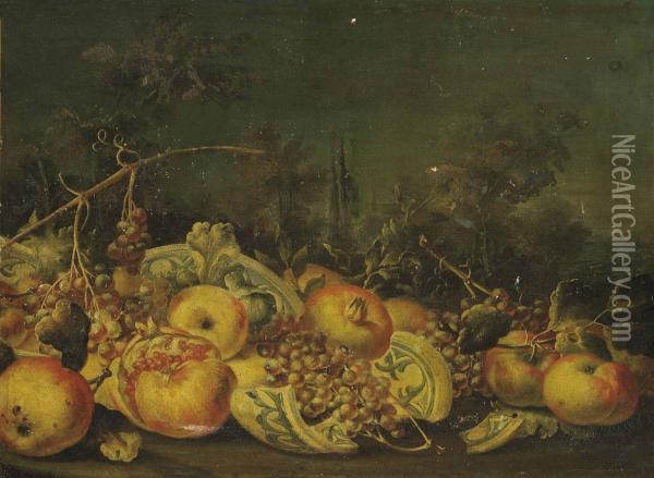 Grapes, Pomegranates, Apples And A Broken Vase In A Landscape Oil Painting - Michele Pace Del (Michelangelo di) Campidoglio