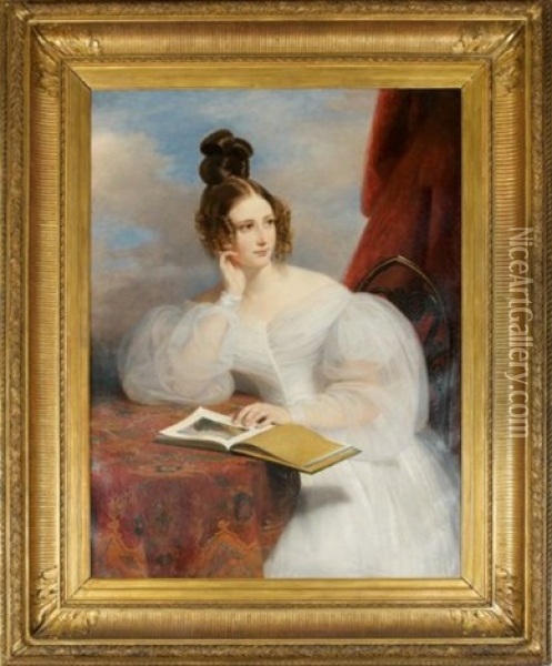 Portrait De Jeune Femme En Blanc Lisant Oil Painting - Claude Marie Dubufe