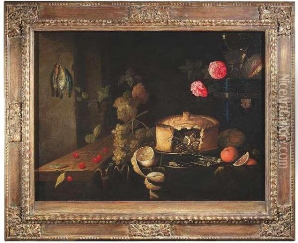 Still Life With Cherries, A Half-peeled Lemon, Grapes And A Pie Oil Painting - Thomas De Paep