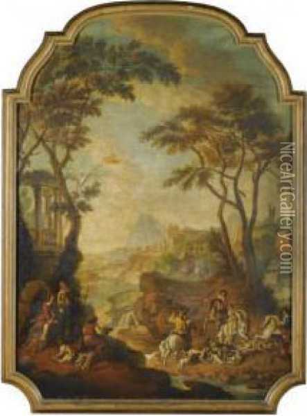 A Wooded River Landscape With A Hunting Party In Theforeground Oil Painting - Gianbattista Cimaroli