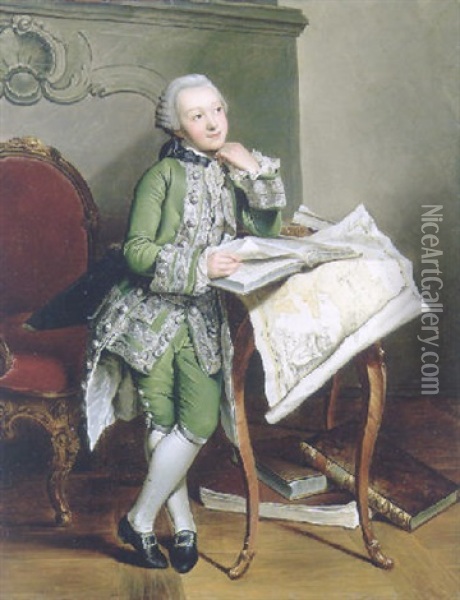 Portrait Of Prince Friedrich-franz I Zu Mecklenburg-schwerin In An Embroidered Green Suit, At His Studies Oil Painting - Georges David Mathieu