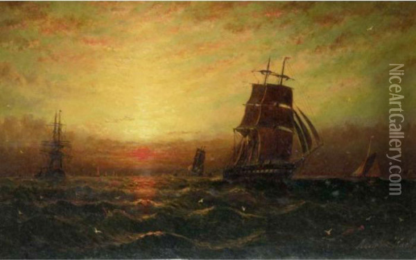 Shipping At Sunset; Fishing In Rough Seas Oil Painting - William Adolphu Knell