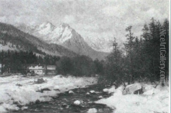 Vinter, Bjerglandskab I Forgrunden Fossende Flod Oil Painting - Anders Andersen-Lundby