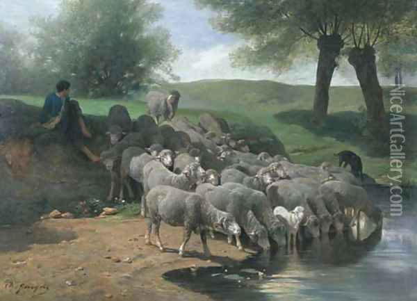 Un berger se reposant avec ses moutons Oil Painting - Charles Emile Jacque