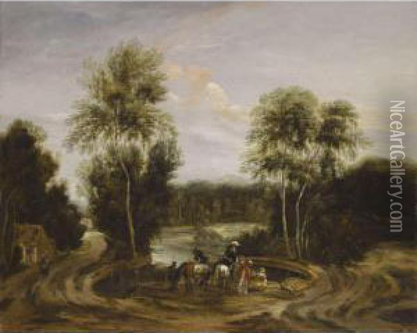 A Wooded Landscape With An Elegant Hunting Party Beside A Lake Oil Painting - Lucas Achtschellinck