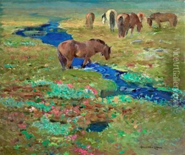 Horses By A Stream In The Meadow Oil Painting - Halfdan Gran