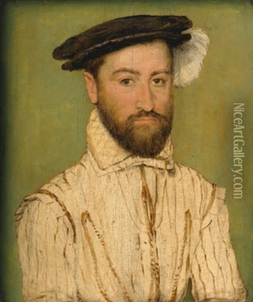 Portrait Of A Bearded Gentleman, In A Black Beret With White Plumage Oil Painting -  Corneille de Lyon