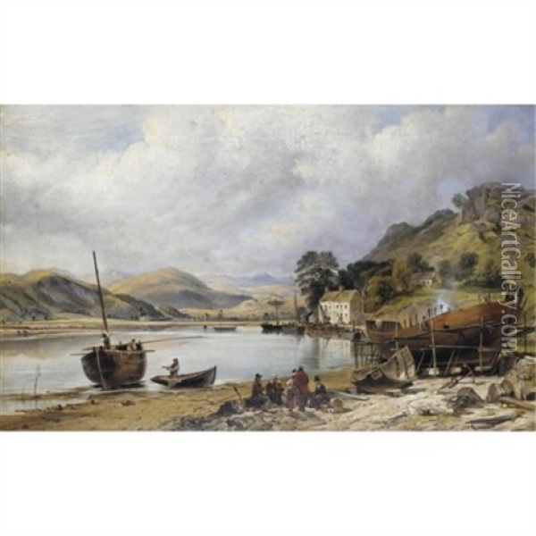 Shipbuilding At Penmaepool, Merioneth Oil Painting - Charles Tattershall Dodd the Elder