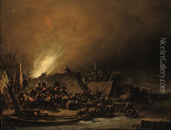 A Fire In A Village At Night Oil Painting - Egbert Lievensz van der Poel