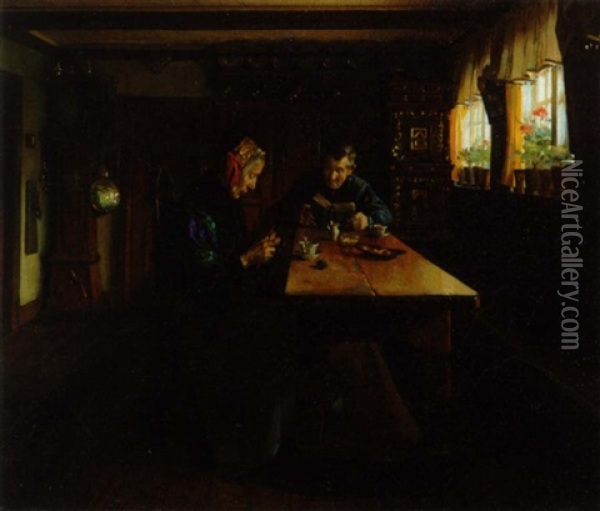 Interior Med Laesende Mand Og Strikkende Kone Oil Painting - Valdemar Kornerup
