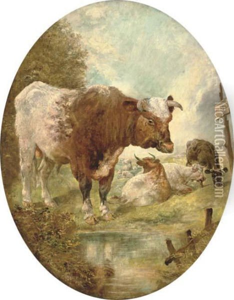 A Bull In A Landscape Oil Painting - William Huggins