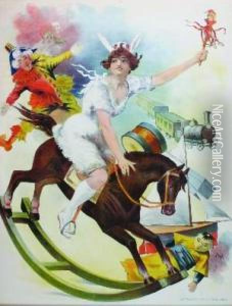 Girl With Toys On A Rocking Horse Oil Painting - Jean De Paleologue