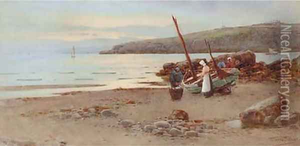 Evening shore scene with figures Oil Painting - Warren Williams
