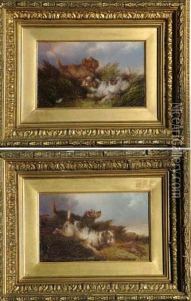 5 1/2in. X 9in. On Panels 
Terriers Pursuing Rabbits And Retrievers With Waterfowl One Signed. See 
Illustration Oil Painting - Paul Jones
