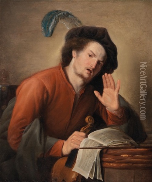 A Singing Violinist Oil Painting - Jacques des Rousseaux