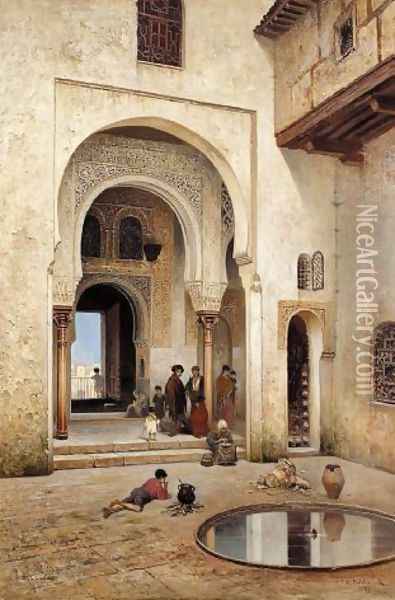 A courtyard in Alhambra, 1889 Oil Painting - Frans Wilhelm Odelmark