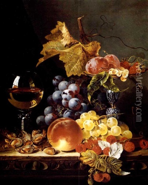 Grapes, Plums, Whitecurrants, Strawberries, Raspberries     A Peach And Hazelnuts With A Glass Of Wine On A Wooden Ledge Oil Painting - Edward Ladell