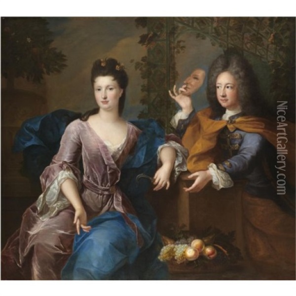 Portrait Of A Lady And A Gentleman, Said To Be Philippe Ii, Duc D'orleans, And Marie-madeleine De La Vieuville, Comtesse De Parabere Oil Painting - Pierre Gobert