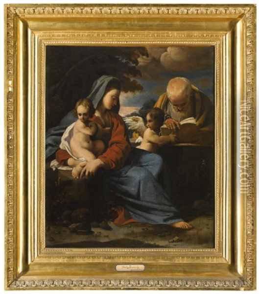 The Rest On The Flight Into Egypt: The Madonna And Child In A Landscape Seated, Attended By An Angel Holding A Book For St. Joseph Oil Painting - Bartolomeo Schedoni