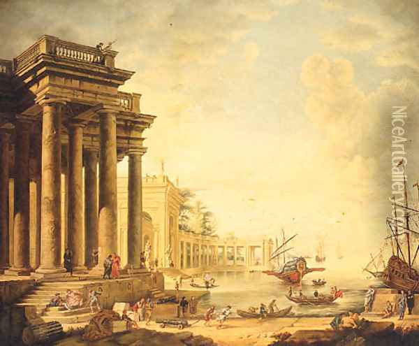 A Neoclassical Capriccio Of Figures On A Quay By A Loggia Oil Painting - Claude Lorrain (Gellee)