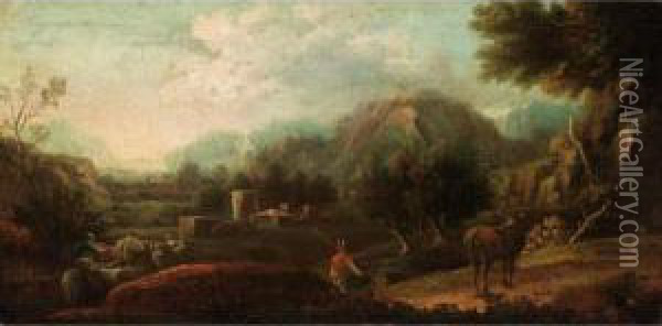 Extensive Mountainous Landscape With Drovers And Their Animals In The Foreground, A Village Beyond Oil Painting - Francesco Robonelli