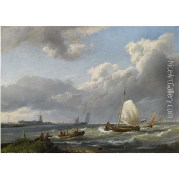 A Coastal Scene With Fishing Vessels Oil Painting - Hermanus Koekkoek the Elder
