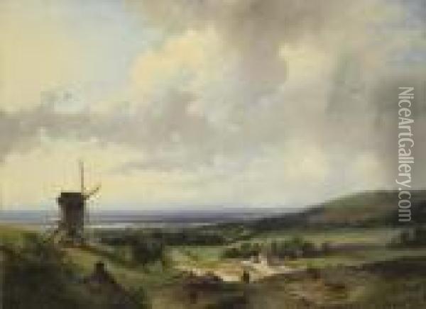 A Panoramic Summer Landscape With Figures, Haarlem Beyond Oil Painting - Andreas Schelfhout