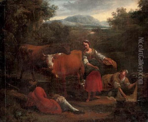A River Landscape With Washerwomen Conversing With A Drover, His Cattle Beyond Oil Painting - Michiel Carree