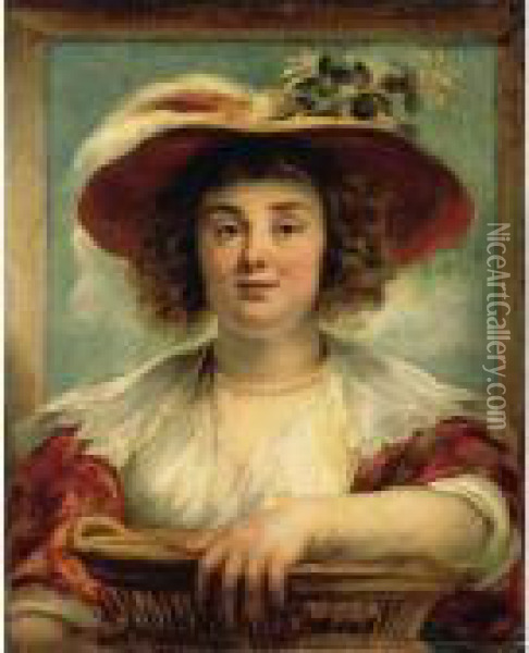 A Portrait Of The Artist's 
Daughter Elizabeth, Half Length, Wearing A Straw Hat With A Sprig Of 
Honeysuckle And An Ostrich Plume, Holding A Basket Oil Painting - Jacob Jordaens
