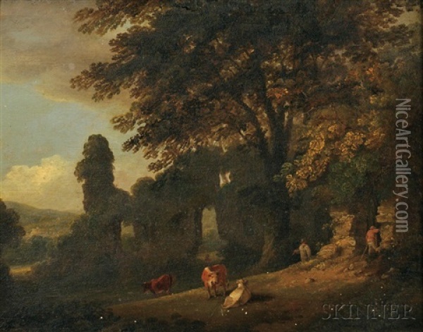 Cows And Farmers Amidst Ruins Oil Painting - Julius Caesar Ibbetson