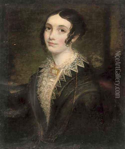 Portrait of a lady, half-length, in a black dress with lace trim Oil Painting - English School