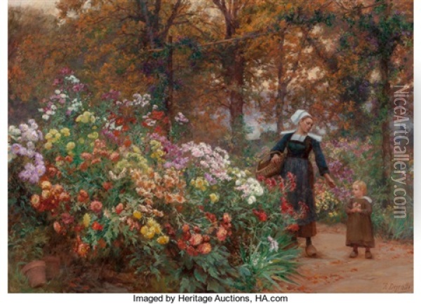 La Cueillette Des Fleurs En Bretagne Oil Painting - Theophile-Louis Deyrolle
