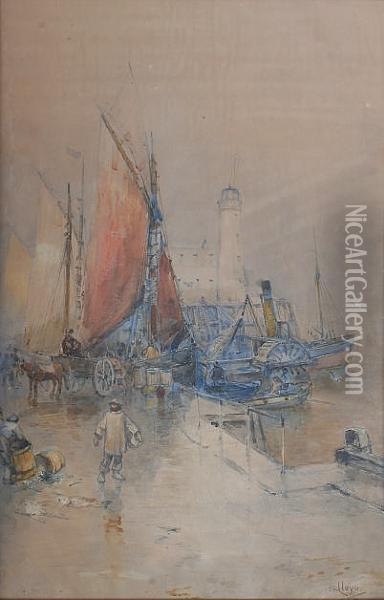 A Fishing Quayside With Boats And Paddletug Oil Painting - Walker Stuart Lloyd