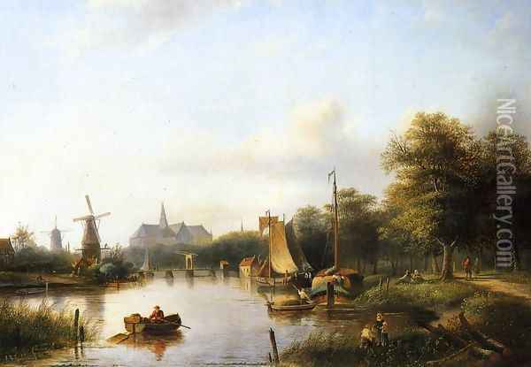 A View of the River Spaarne, Haarlem, with Moored Shipping and a Hay-Barge, the St. Bavo Church in the Background Oil Painting - Jan Jacob Coenraad Spohler