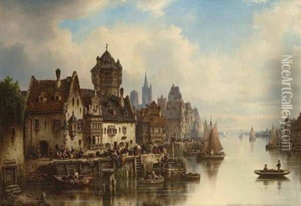 Figures On A Quay Before A Town Oil Painting - Ludwig Hermann