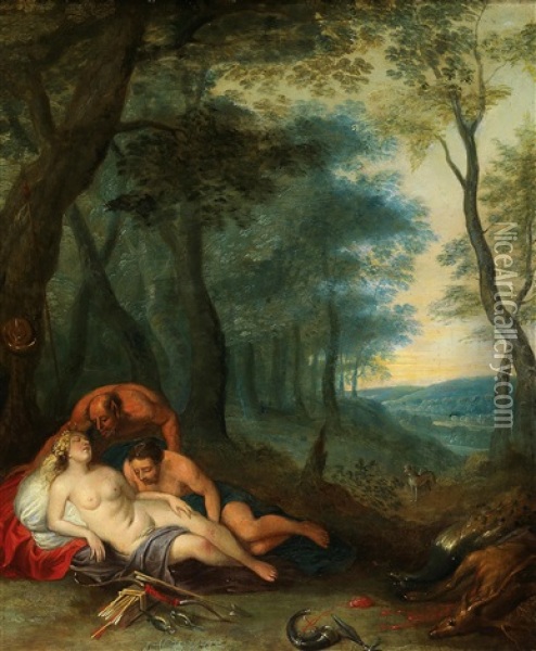 A Satyr Observing A Sleeping Nymph Oil Painting - Frans Wouters